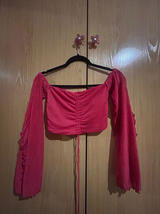 Top Zara rosa fruncido manga larga