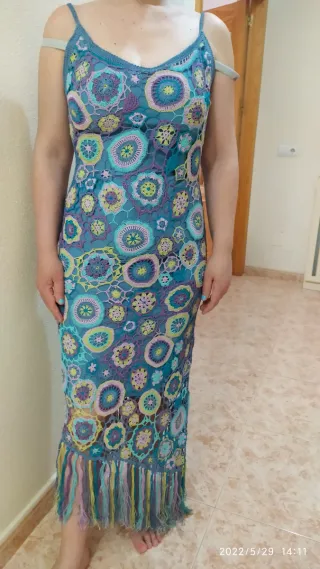 Vestido largo crochet azul y morado