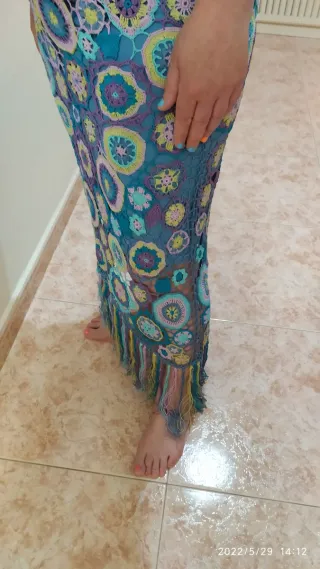 Vestido largo crochet azul y morado