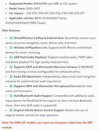 Wireless CarPlay Android para BMW/Mini - tipo CIC