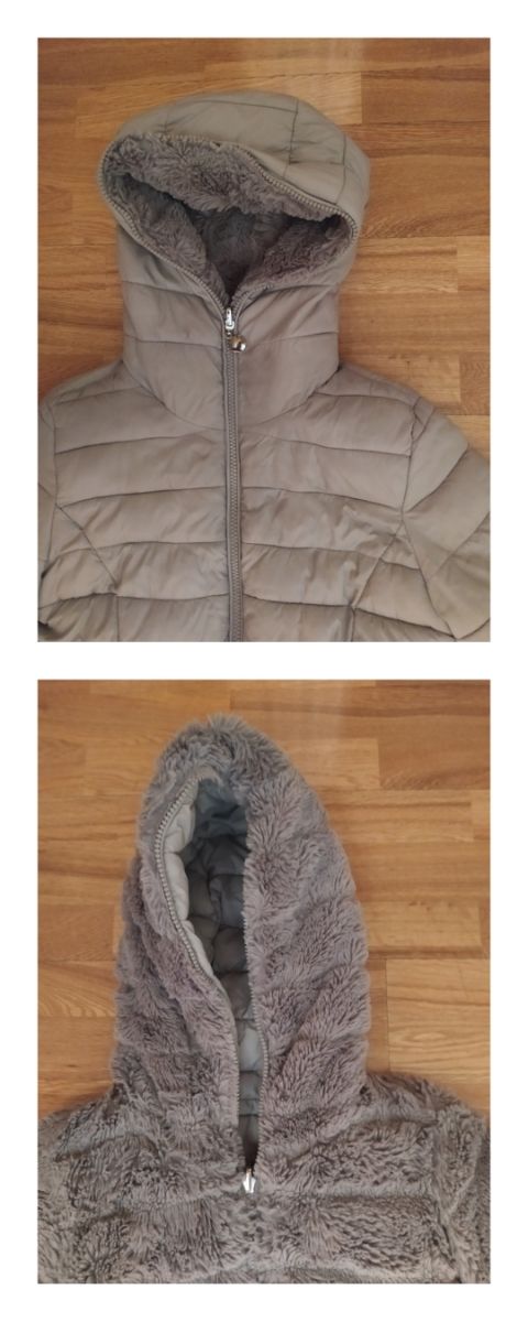 Abrigo reversible gris plumas y peluche