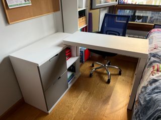 Mesa estudio (gira90grados)+almacenaje blanco/gris