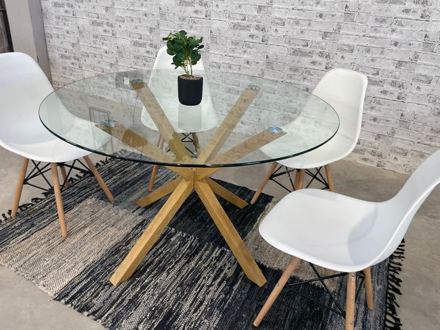 Mesa redonda cristal 120cm + 4 sillas