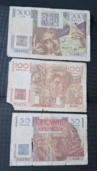 Billetes Franceses 500, 100, 50 Francos Años 40