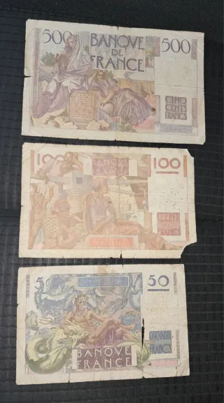 Billetes Franceses 500, 100, 50 Francos Años 40