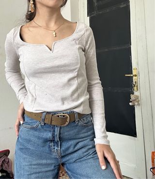 Camiseta canalé beige manga larga