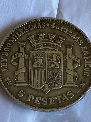 Moneda 5 Pesetas Plata 1869 Ley 900 Milesimas