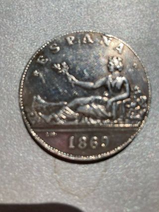 Moneda 5 Pesetas Plata 1869 Ley 900 Milesimas
