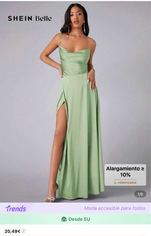 Vestido satén verde con abertura