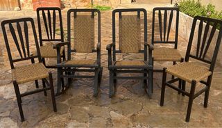 Conjunto 4 sillas y 2 mecedoras madera y yute