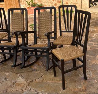 Conjunto 4 sillas y 2 mecedoras madera y yute