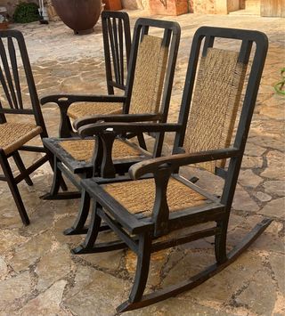 Conjunto 4 sillas y 2 mecedoras madera y yute