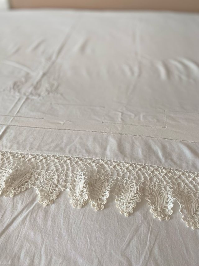 Tela antigua con puntilla de 208 cm de larga y 84