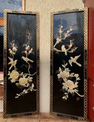 Pannello decorativo cinese con uccelli madreperla