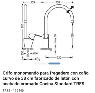 Grifo Cocina Monomando TRES Caño Curvo 38cm
