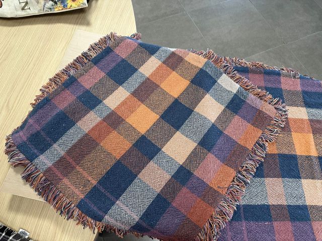 2 Fundas Cojín Madam Stoltz Cuadros Naranja/Morado