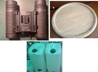 Tabla madera, prismaticos y 2 garrafas