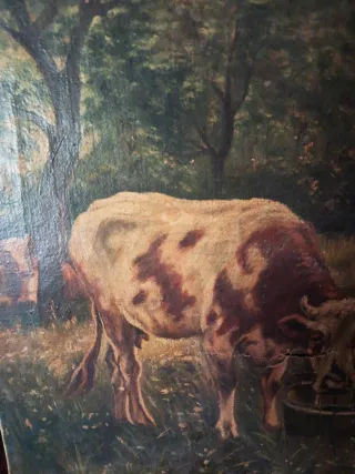 Cuadro antiguo: Mujer y vacas 42x32
