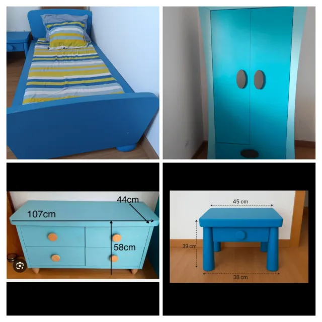 Muebles infantiles: cama, armario, cómoda y mesita