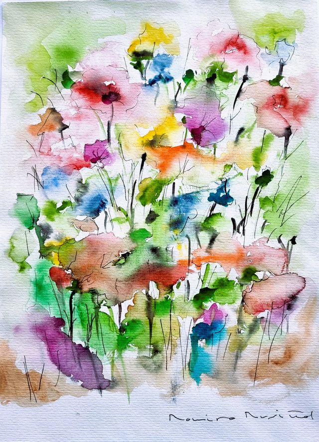 Acuarela original flores abstractas