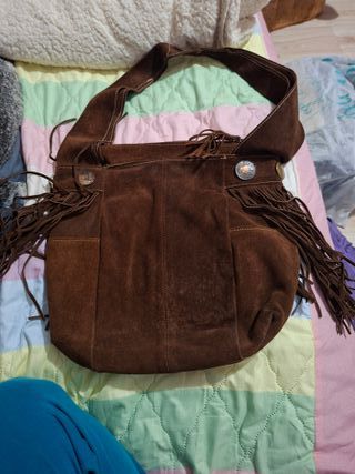 Borsa in pelle scamosciata marrone con frange