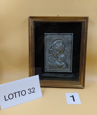 Quadretto vintage Madonna e Bambino peltro