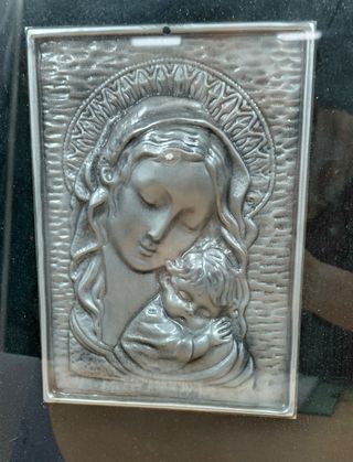 Quadretto vintage Madonna e Bambino peltro