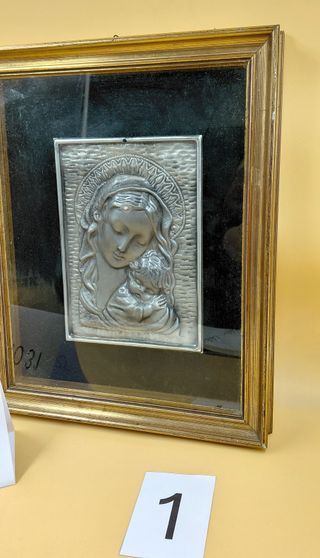 Quadretto vintage Madonna e Bambino peltro