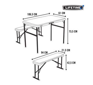 Mesa y 2 bancos plegables
