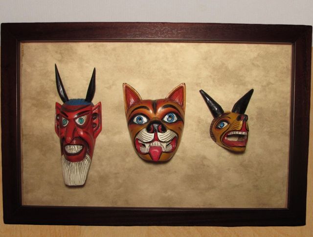 Cuadro tres máscaras mesoamericanas Nahual Nagual