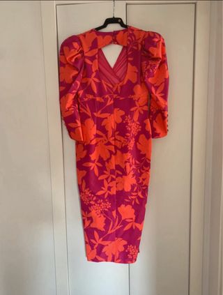 Vestido midi naranja y buganvilla floral