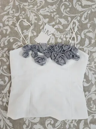 Top Zara Flores Pedrería Blanco/Plata