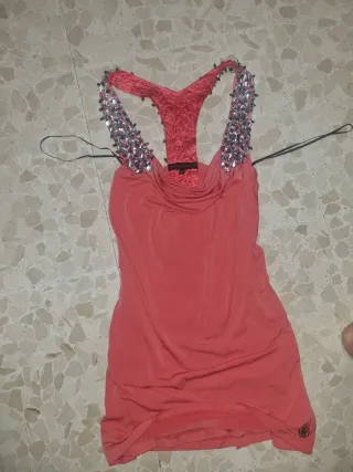 Vestido fiesta naranja adornos plateados Talla S