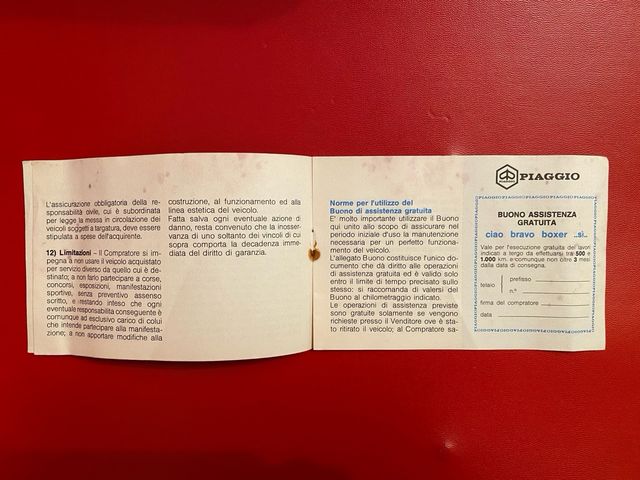 Libretto Garanzia d’epoca Piaggio Ciao Bravo 