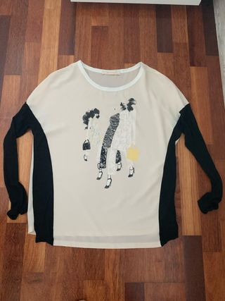 Camiseta Zara Beige y Negra Talla M