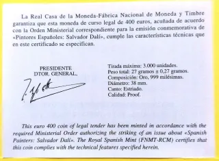 Moneda Dalí 400€ Oro 24k