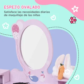 Tocador infantil rosa con espejo y taburete