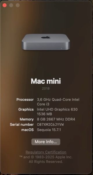 Mac mini 2018 i3 8GB RAM 128GB SSD