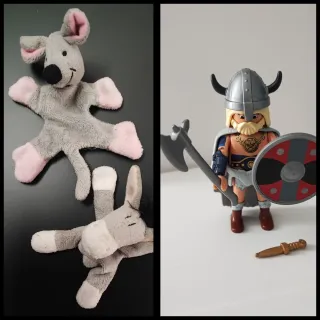2 imanes peluche + Playmobil vikingo