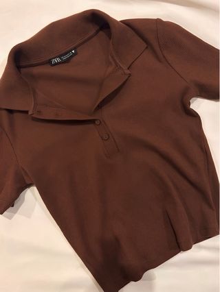 ZARA Top Polo Manga Corta Marrón