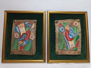 Lote 2 Cuadros Arte Mexicano Papel Amate Pajaros