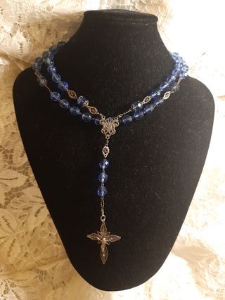 Rosario antiguo cristal azul y filigrana plata