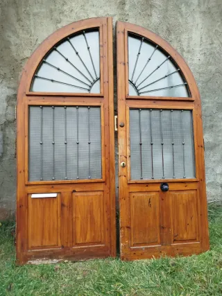 Puerta doble madera con forja y cristal