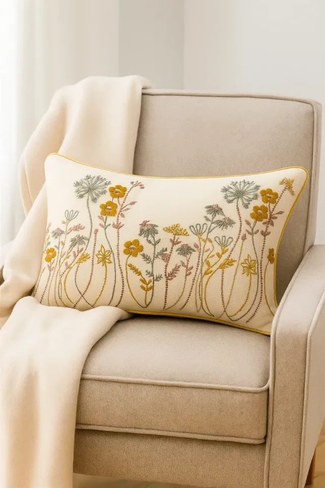 Capa de almofada 50x30. Bordado. Motivos florais .70% Linho