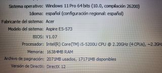 Portatil 15,6" Acer i5 5200u-16gb ram-ssd 500gb