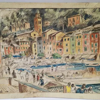 Cromolitografia Porto Fino Michele Cascella 1964