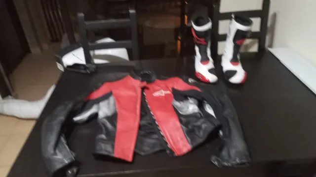 Traje de moto mujer cuero negro/rojo/plata