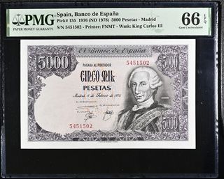 Billete 5000 Pesetas España 1976 PMG 66