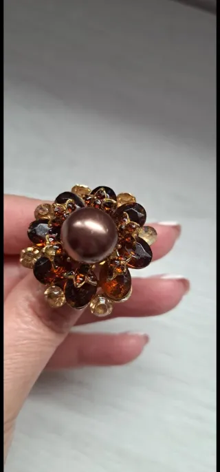 Anillo Ajustable Flor Perla Marrón Dorado