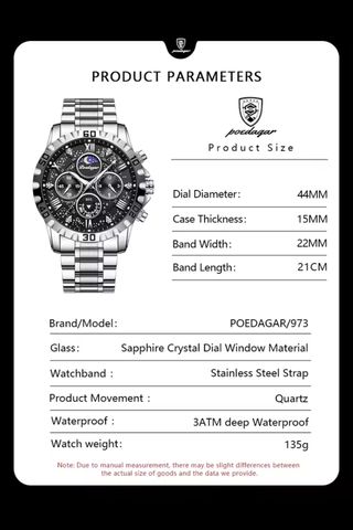 Reloj Poedagar Hombre Negro y Plateado